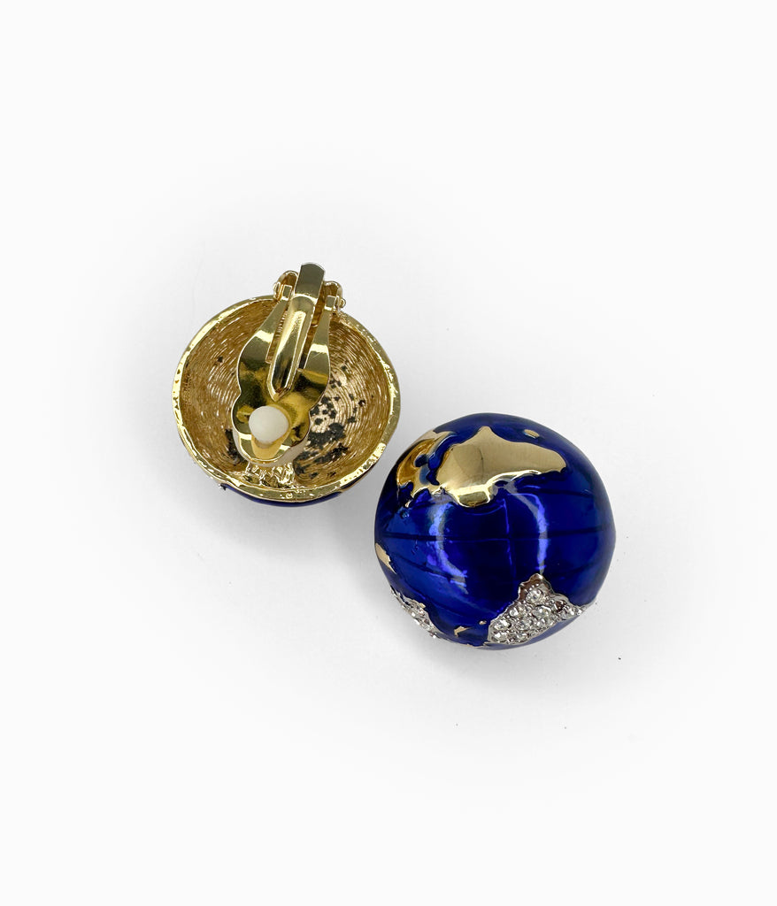 Vintage Blue Enameled Globe Button Earrings