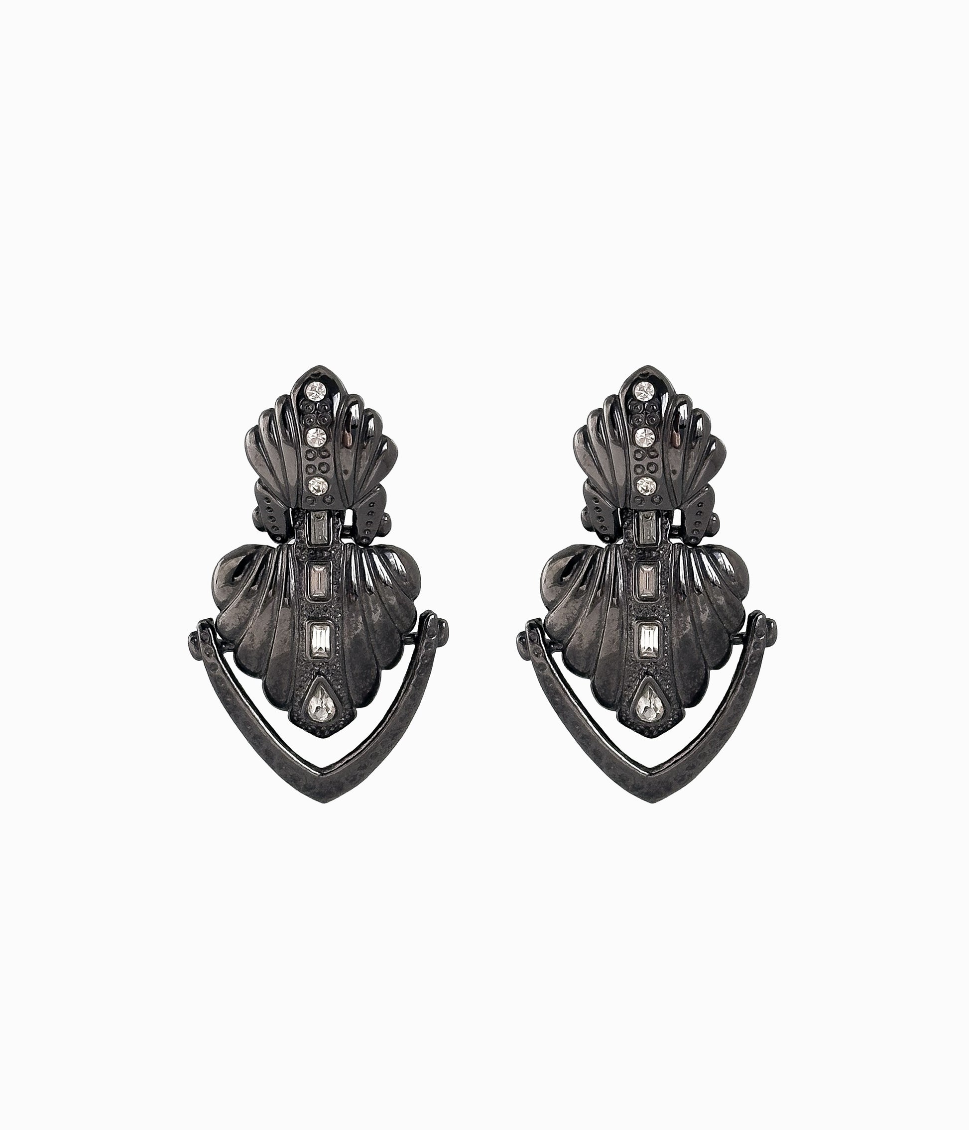 Vintage Dark Grey Shell Shaped Earrings With Crystals