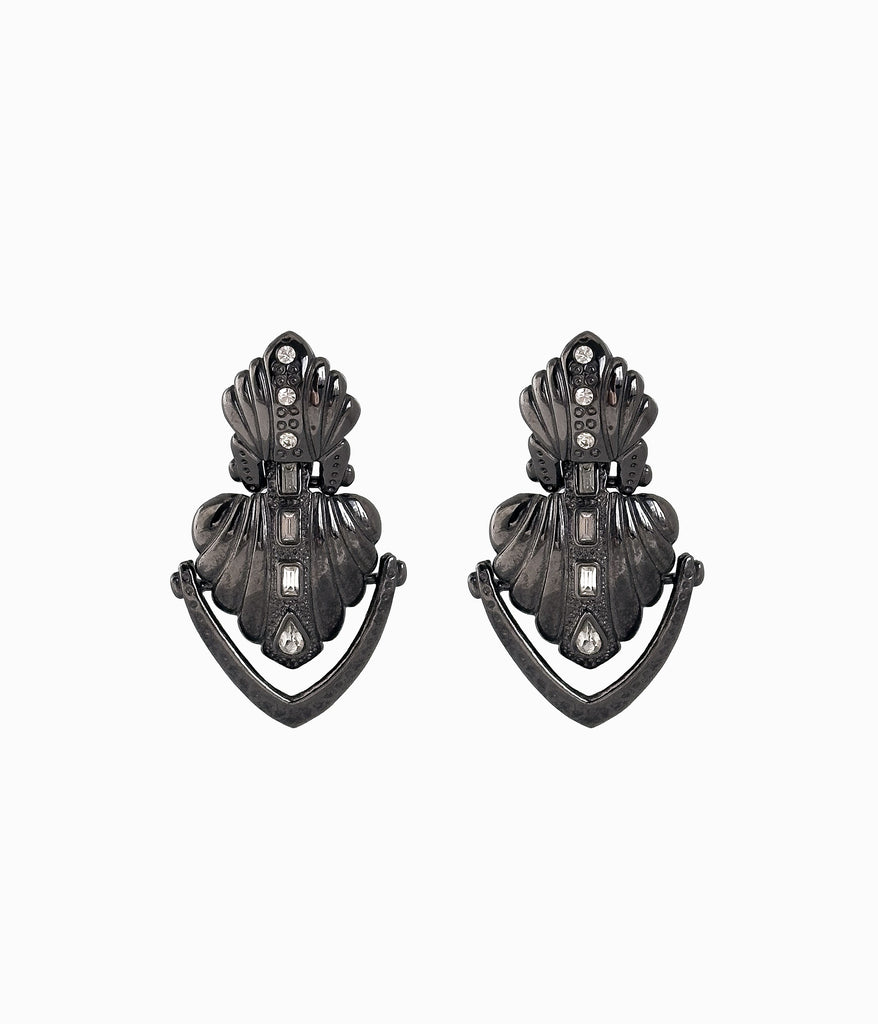 Vintage Dark Grey Shell Shaped Earrings With Crystals