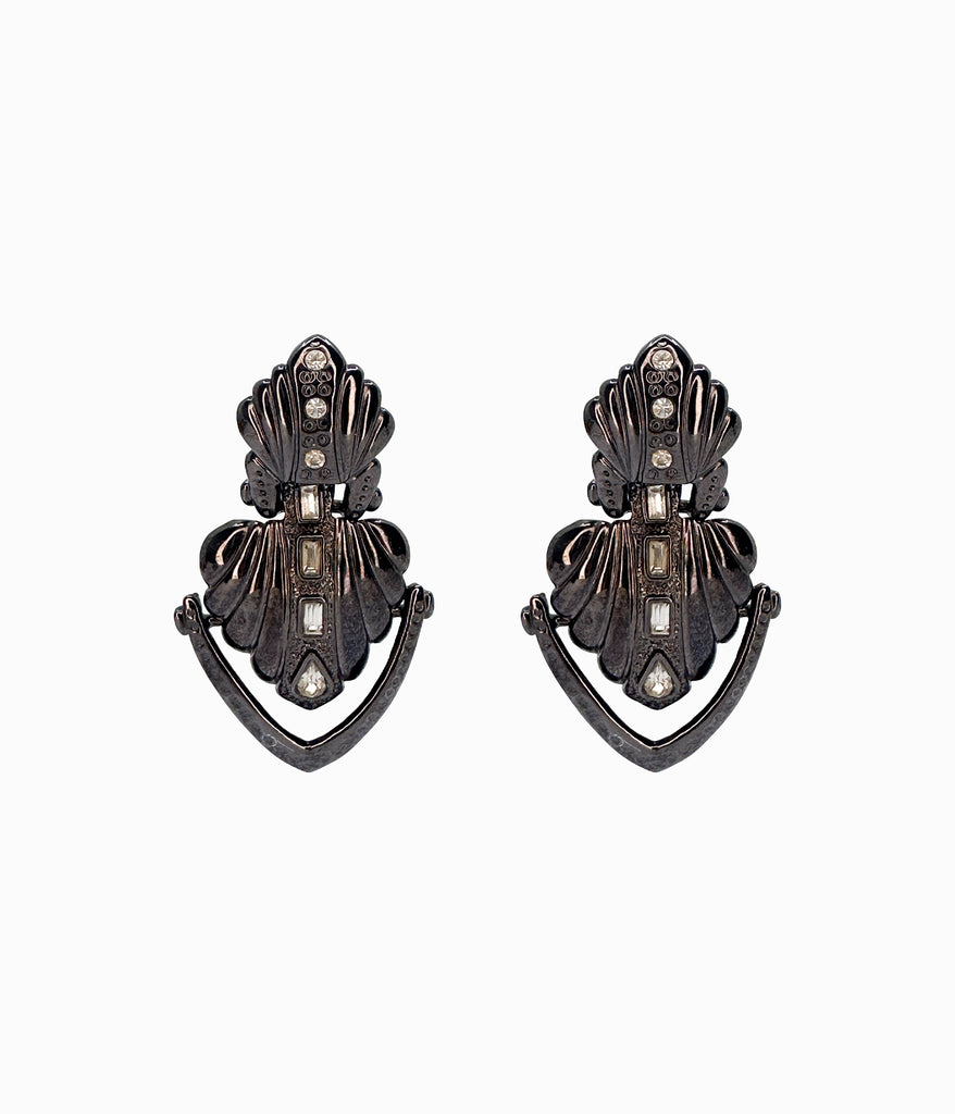 Vintage Dark Grey Shell Shaped Earrings With Crystals