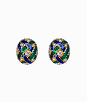 Vintage 1980's Blue and Green Enamel Button Earrings With Crystals