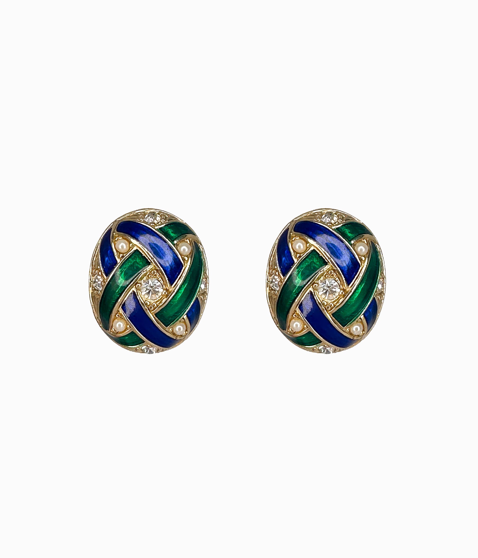 Vintage 1980's Blue and Green Enamel Button Earrings With Crystals