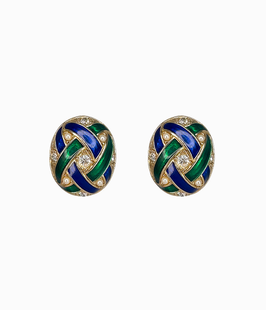 Vintage 1980's Blue and Green Enamel Button Earrings With Crystals