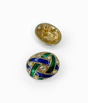 Vintage 1980's Blue and Green Enamel Button Earrings With Crystals