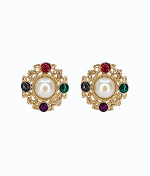 Vintage 1980's Colorful Crest Button Earrings with Faux Pearl