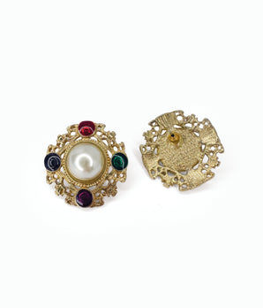 Vintage 1980's Colorful Crest Button Earrings with Faux Pearl