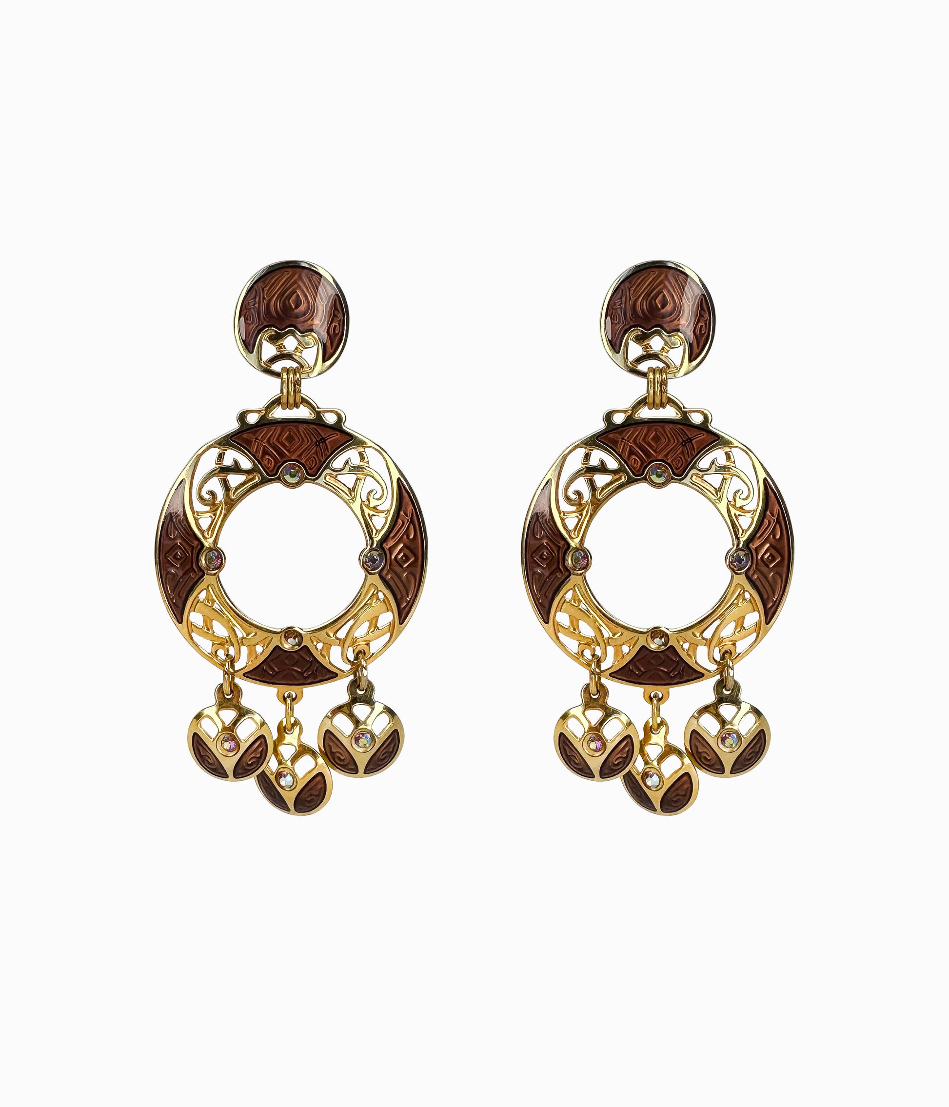 EDGAR BEREBI Brown Enameled Gold Tone Celtic Pattern Earrings (NOS)