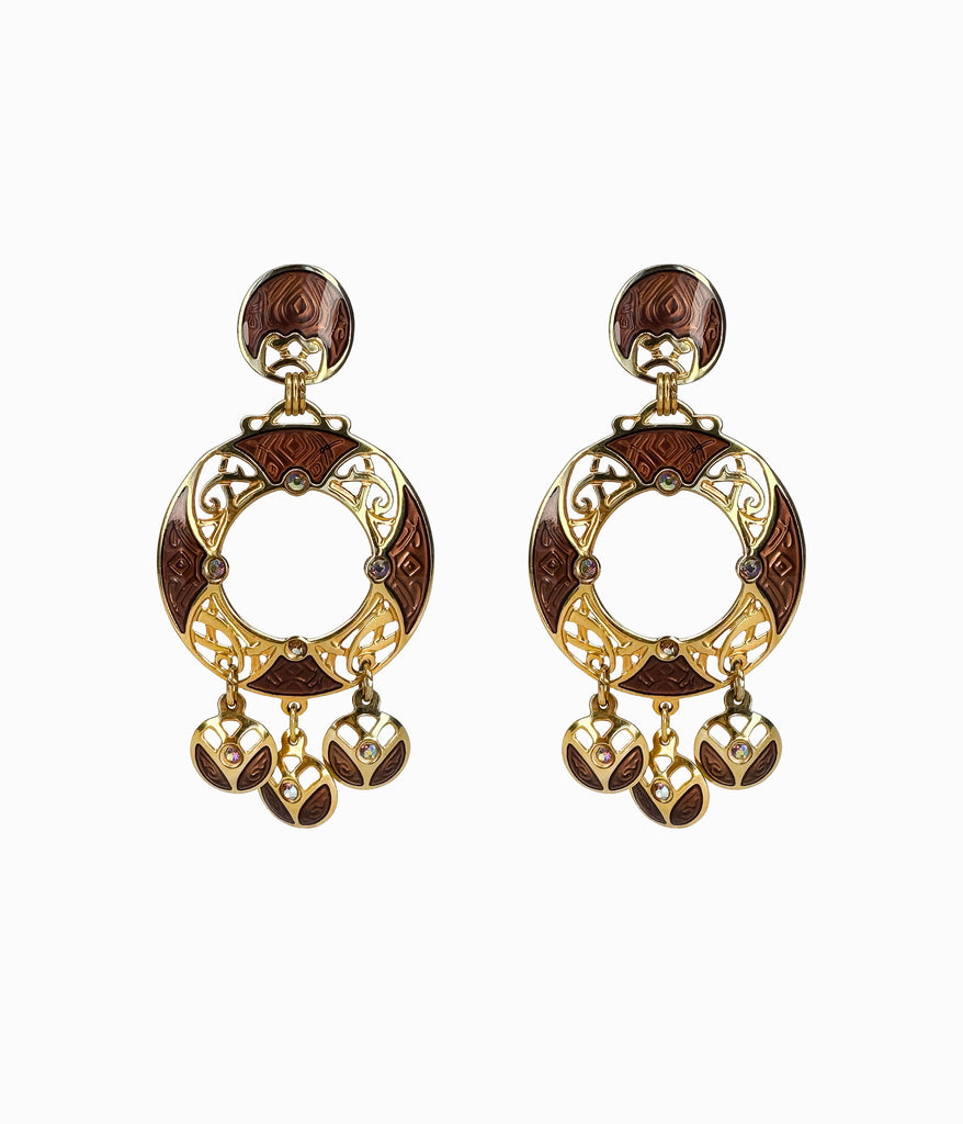 EDGAR BEREBI Brown Enameled Gold Tone Celtic Pattern Earrings (NOS)