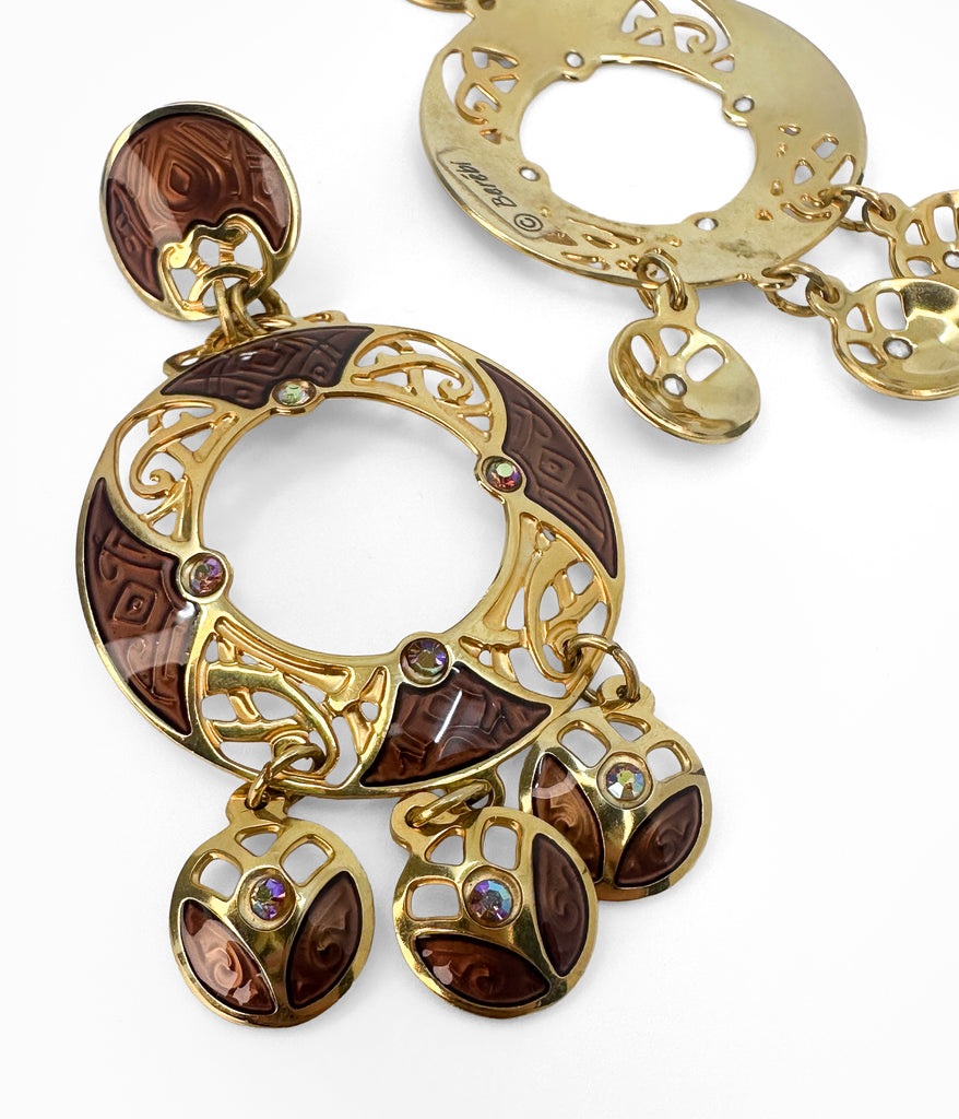 EDGAR BEREBI Brown Enameled Gold Tone Celtic Pattern Earrings (NOS)