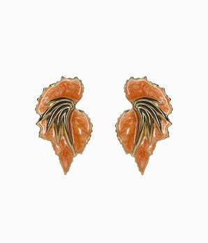 EDGAR BEREBI 1990's Orange Enameled Gold Tone Feather Shaped Earrings (NOS)