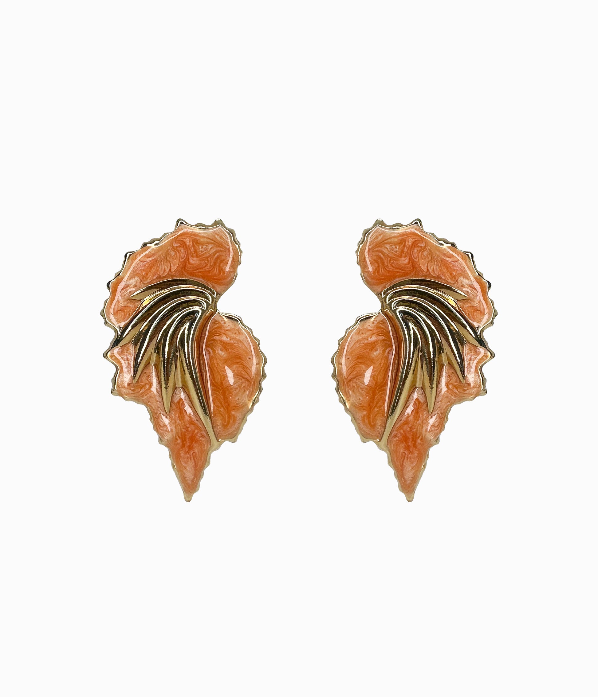 EDGAR BEREBI 1990's Orange Enameled Gold Tone Feather Shaped Earrings (NOS)