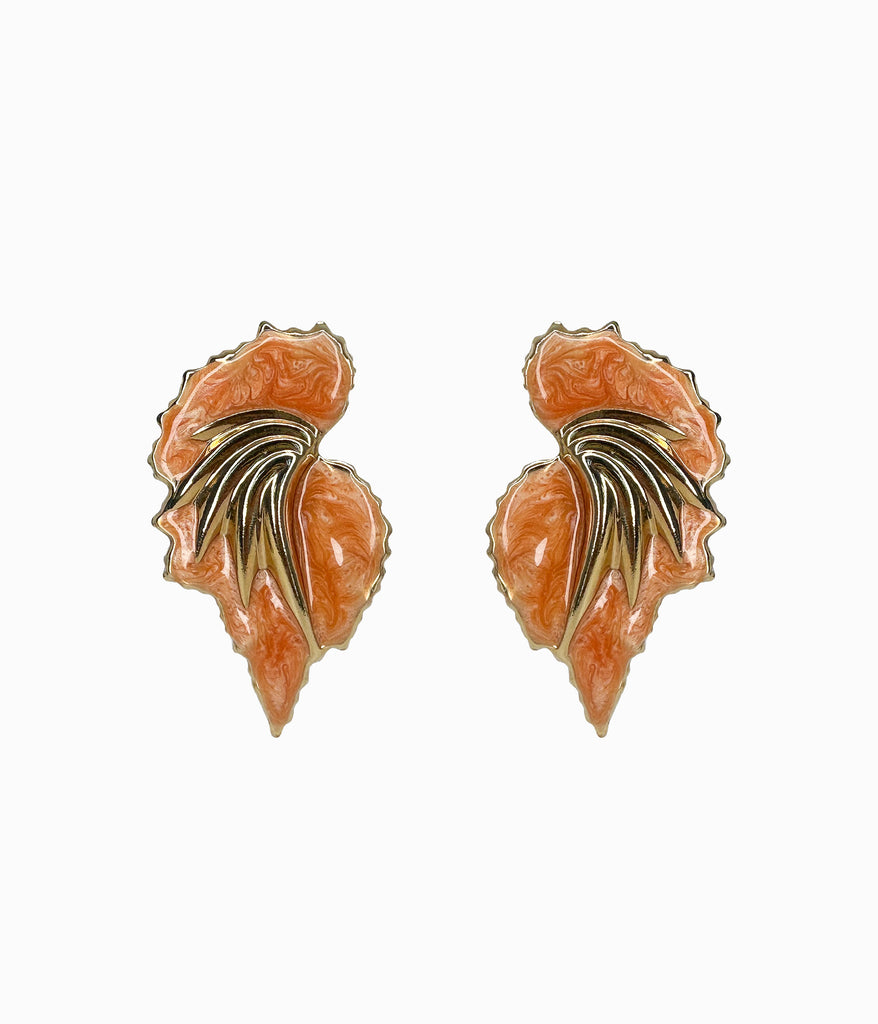 EDGAR BEREBI 1990's Orange Enameled Gold Tone Feather Shaped Earrings (NOS)