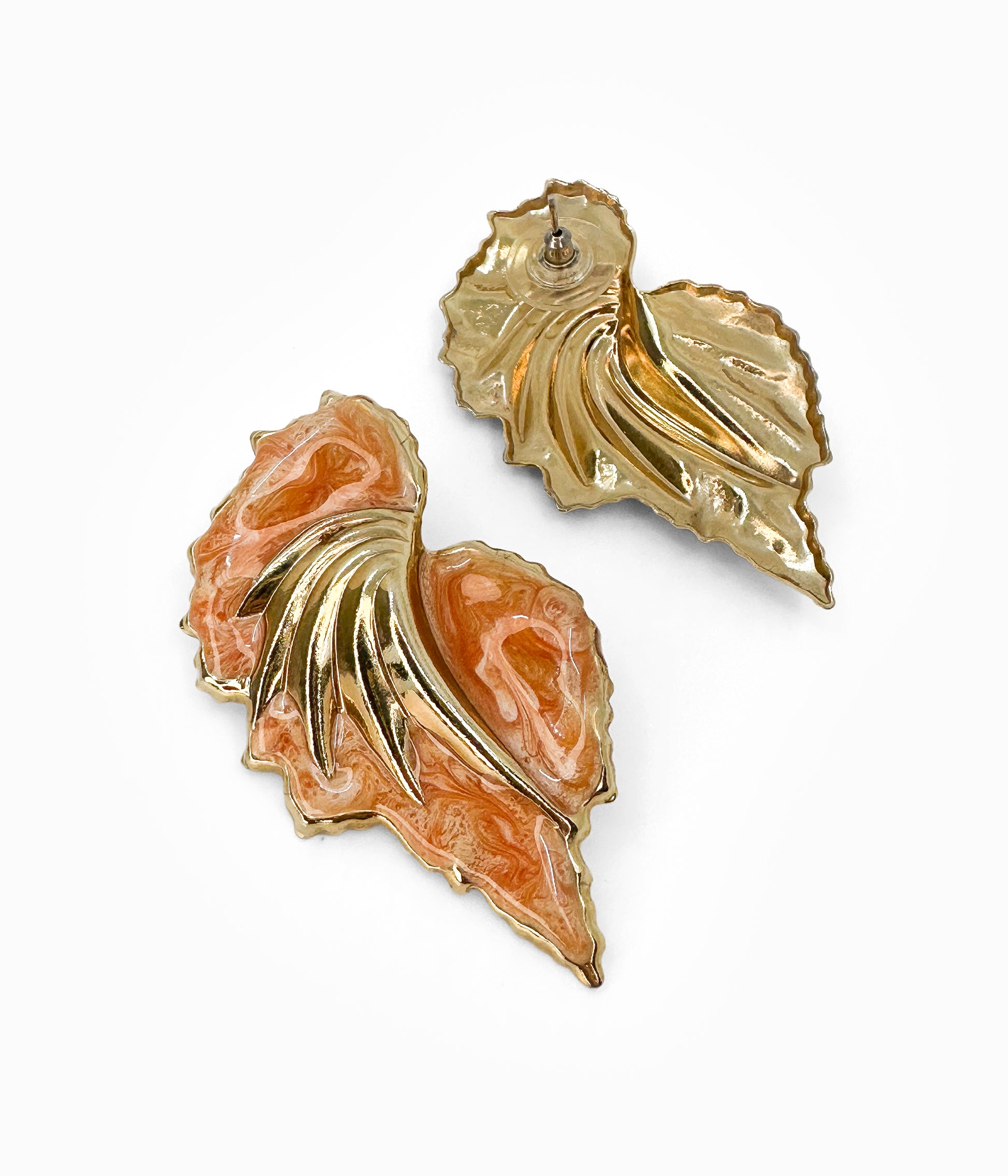 EDGAR BEREBI 1990's Orange Enameled Gold Tone Feather Shaped Earrings (NOS)