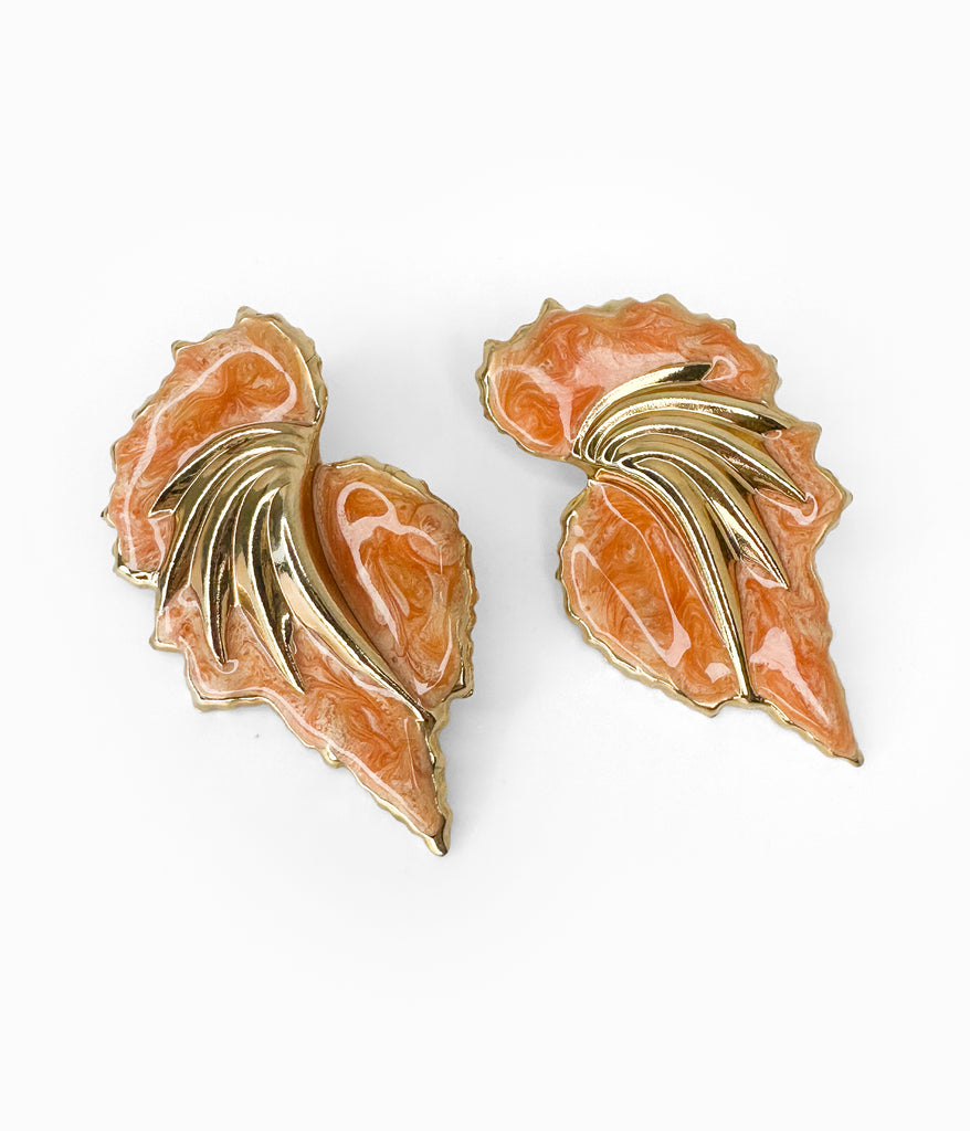 EDGAR BEREBI 1990's Orange Enameled Gold Tone Feather Shaped Earrings (NOS)