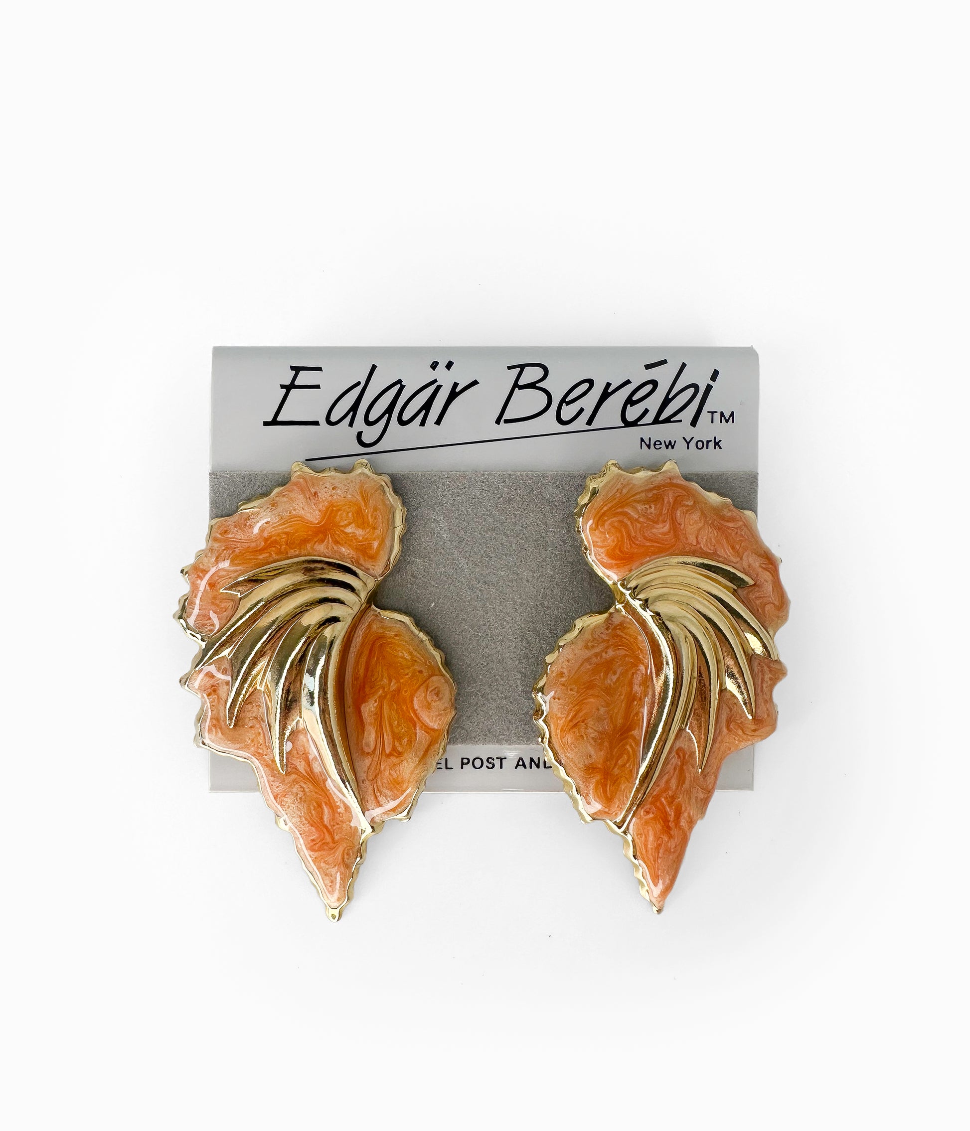 EDGAR BEREBI 1990's Orange Enameled Gold Tone Feather Shaped Earrings (NOS)