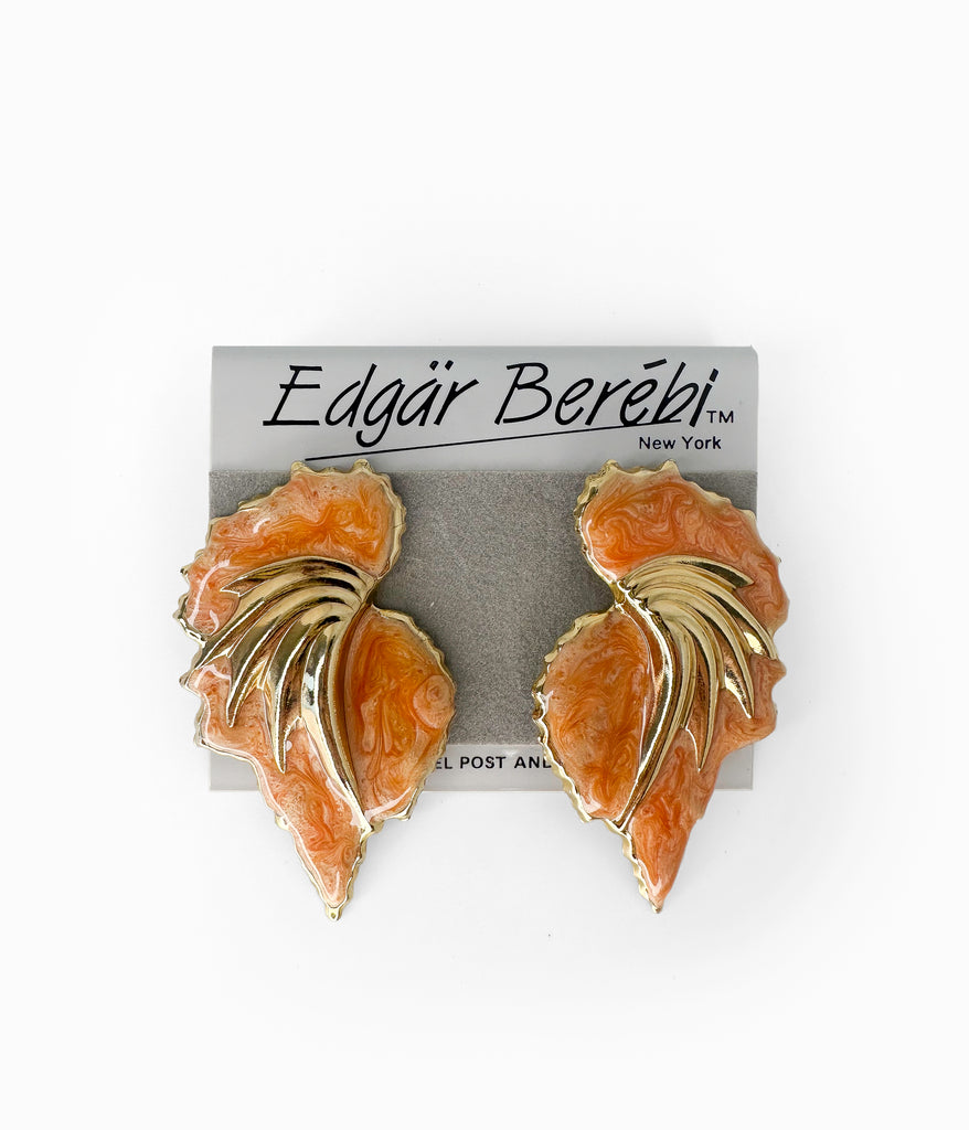 EDGAR BEREBI 1990's Orange Enameled Gold Tone Feather Shaped Earrings (NOS)