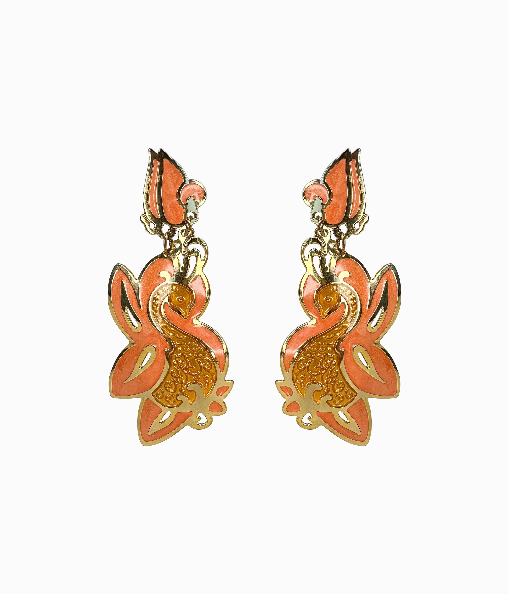 EDGAR BEREBI 1990's Orange Enameled Swan on Gold Tone Earrings (NOS)
