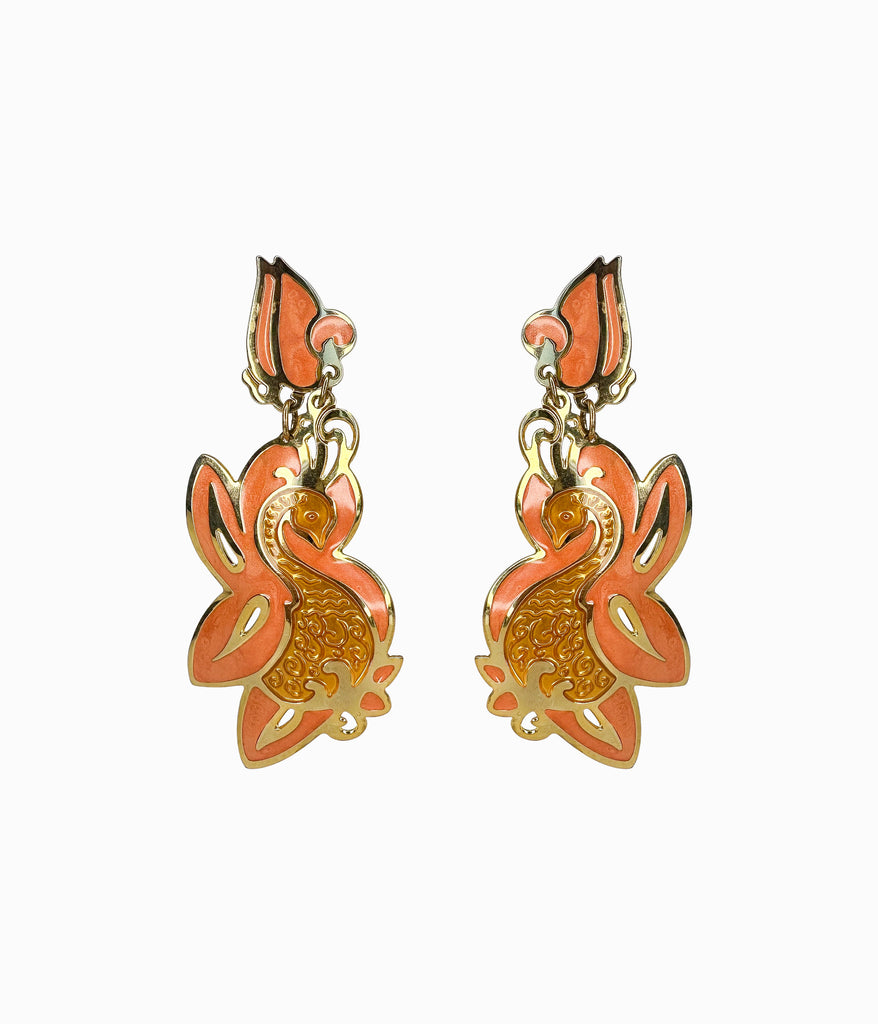 EDGAR BEREBI 1990's Orange Enameled Swan on Gold Tone Earrings (NOS)