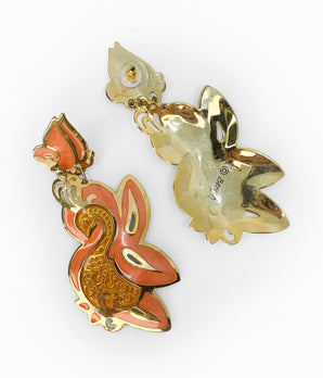 EDGAR BEREBI 1990's Orange Enameled Swan on Gold Tone Earrings (NOS)