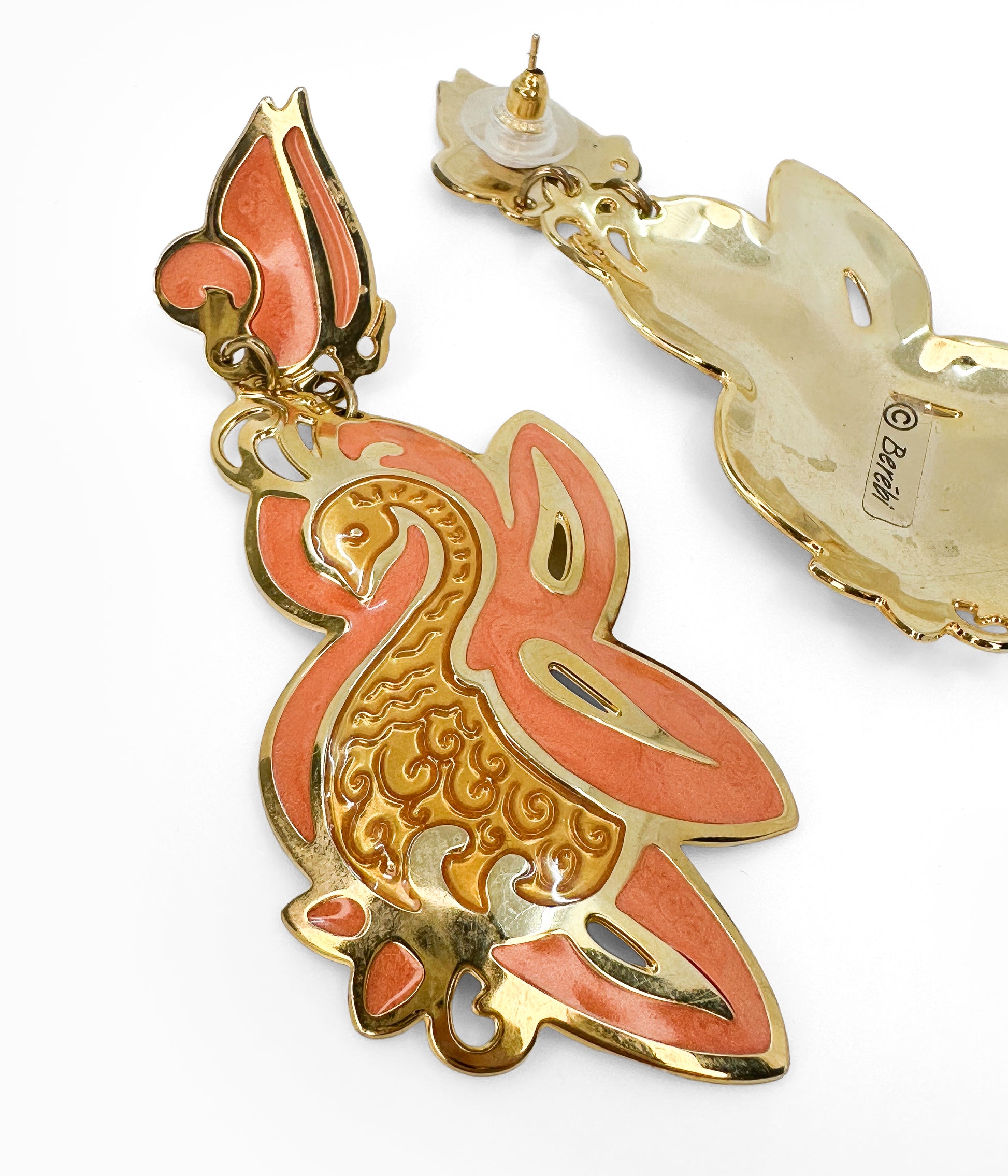 EDGAR BEREBI 1990's Orange Enameled Swan on Gold Tone Earrings (NOS)
