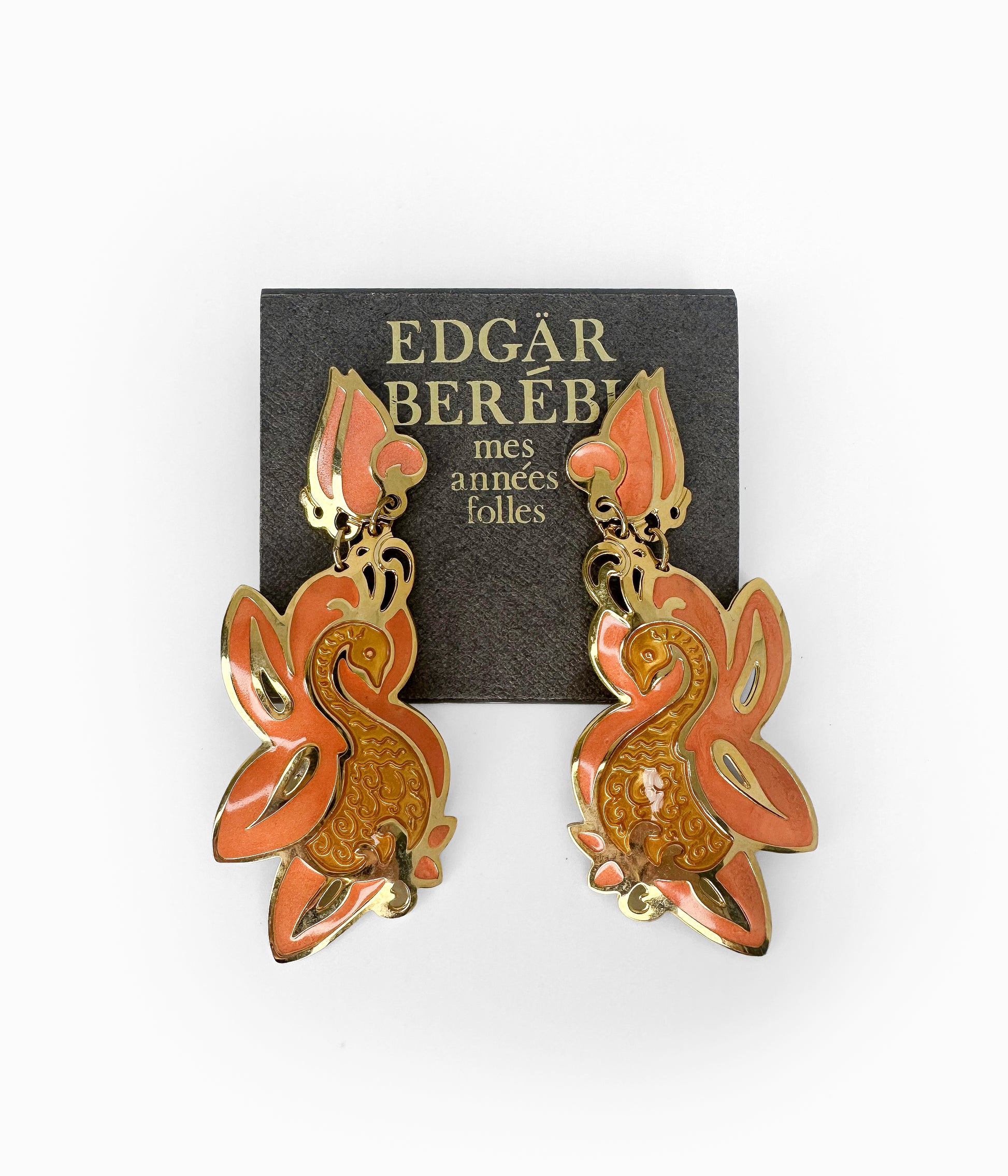 EDGAR BEREBI 1990's Orange Enameled Swan on Gold Tone Earrings (NOS)