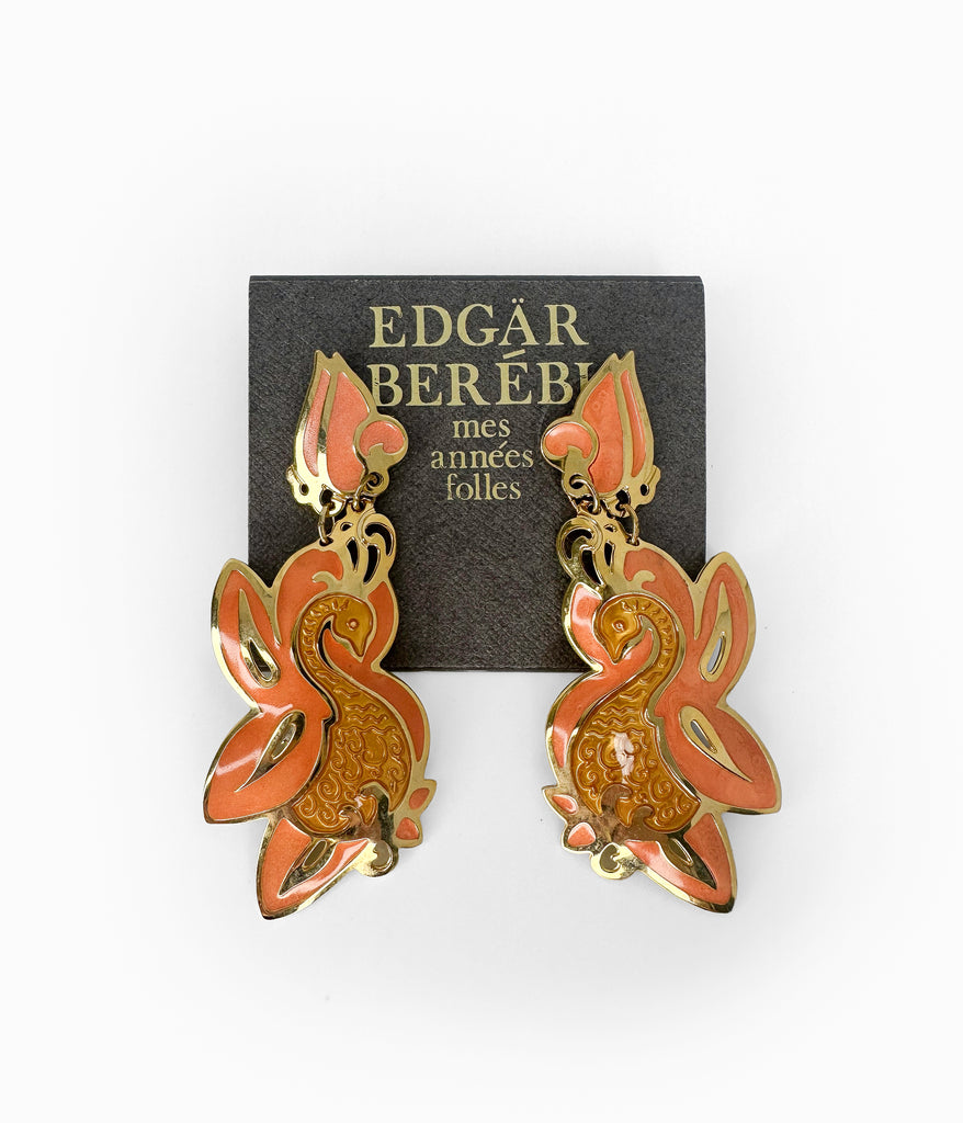 EDGAR BEREBI 1990's Orange Enameled Swan on Gold Tone Earrings (NOS)