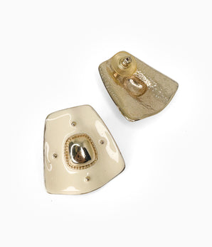 Vintage 1990's Beige Enamel On Gold Tone Trapezium Earrings
