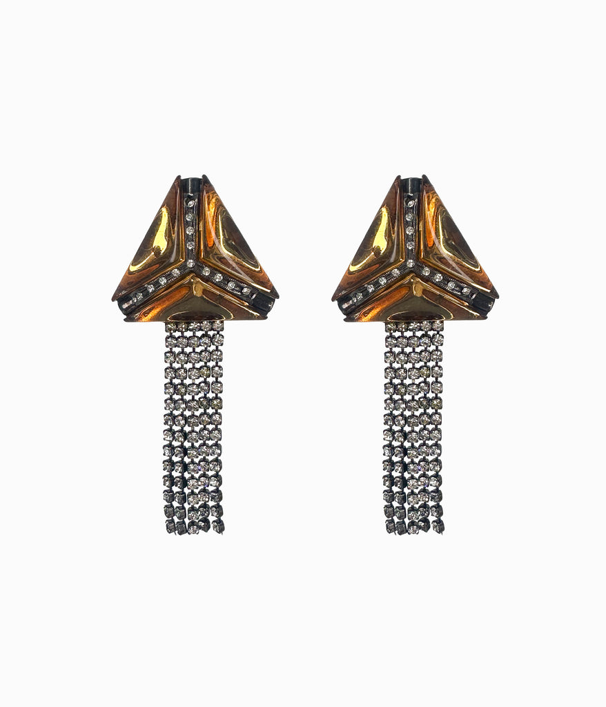 Vintage 1980's Orange Lucite Earrings With Rhinestone Tassles