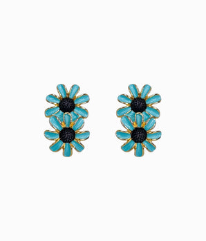 JUDY LEE 1970's Blue Enamel Daisy Flower Crawler Earrings