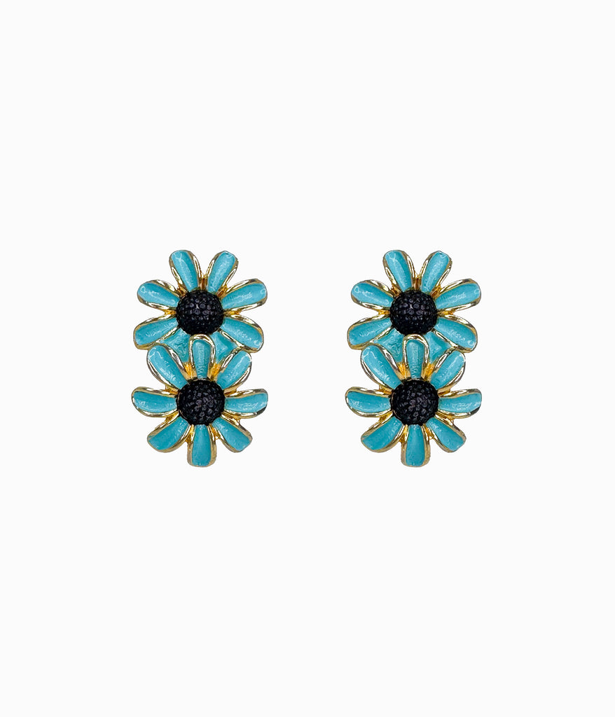 JUDY LEE 1970's Blue Enamel Daisy Flower Crawler Earrings
