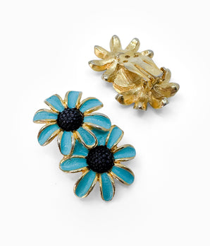 JUDY LEE 1970's Blue Enamel Daisy Flower Crawler Earrings