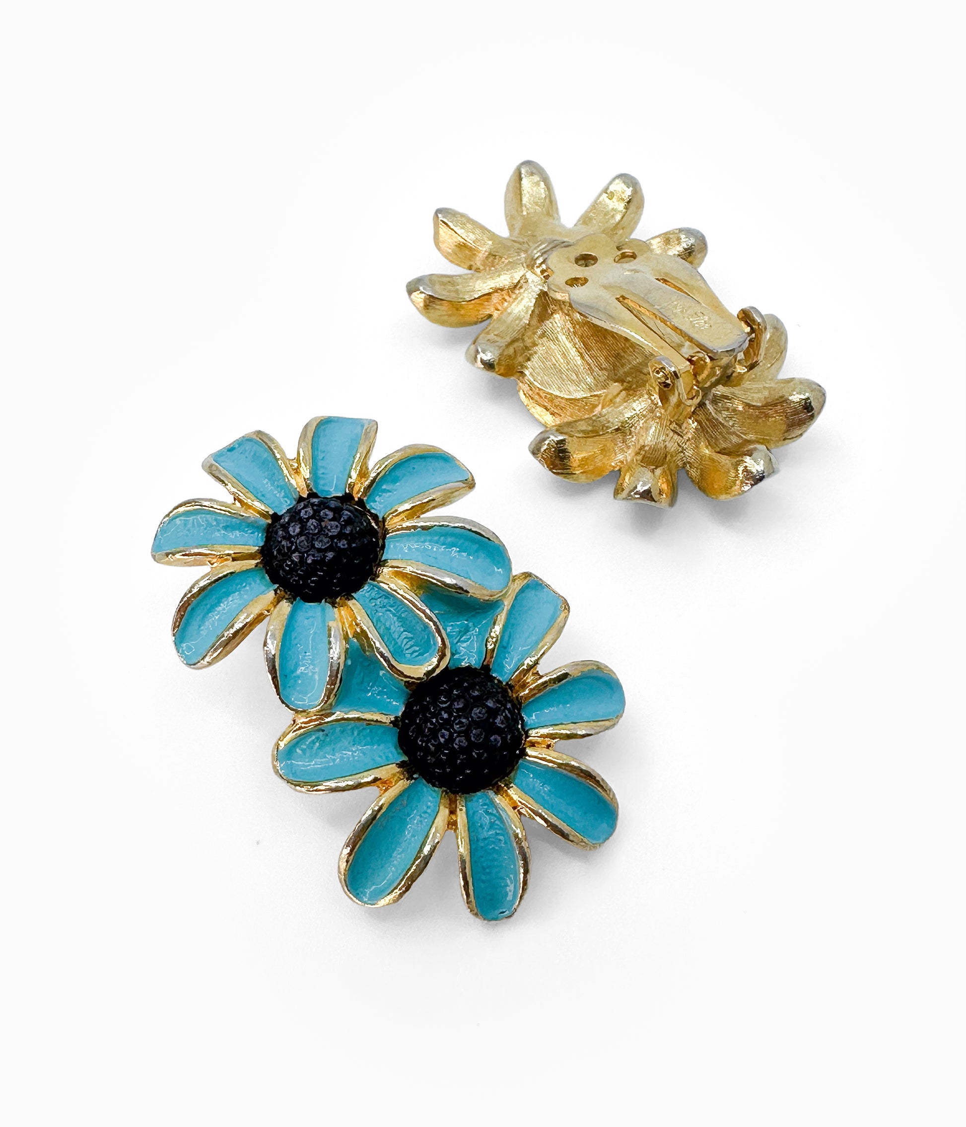 JUDY LEE 1970's Blue Enamel Daisy Flower Crawler Earrings