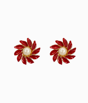 JOANN SHE Vintage 1990's Red Enamel Flower With Faux Pearl Button Earrings (NOS)