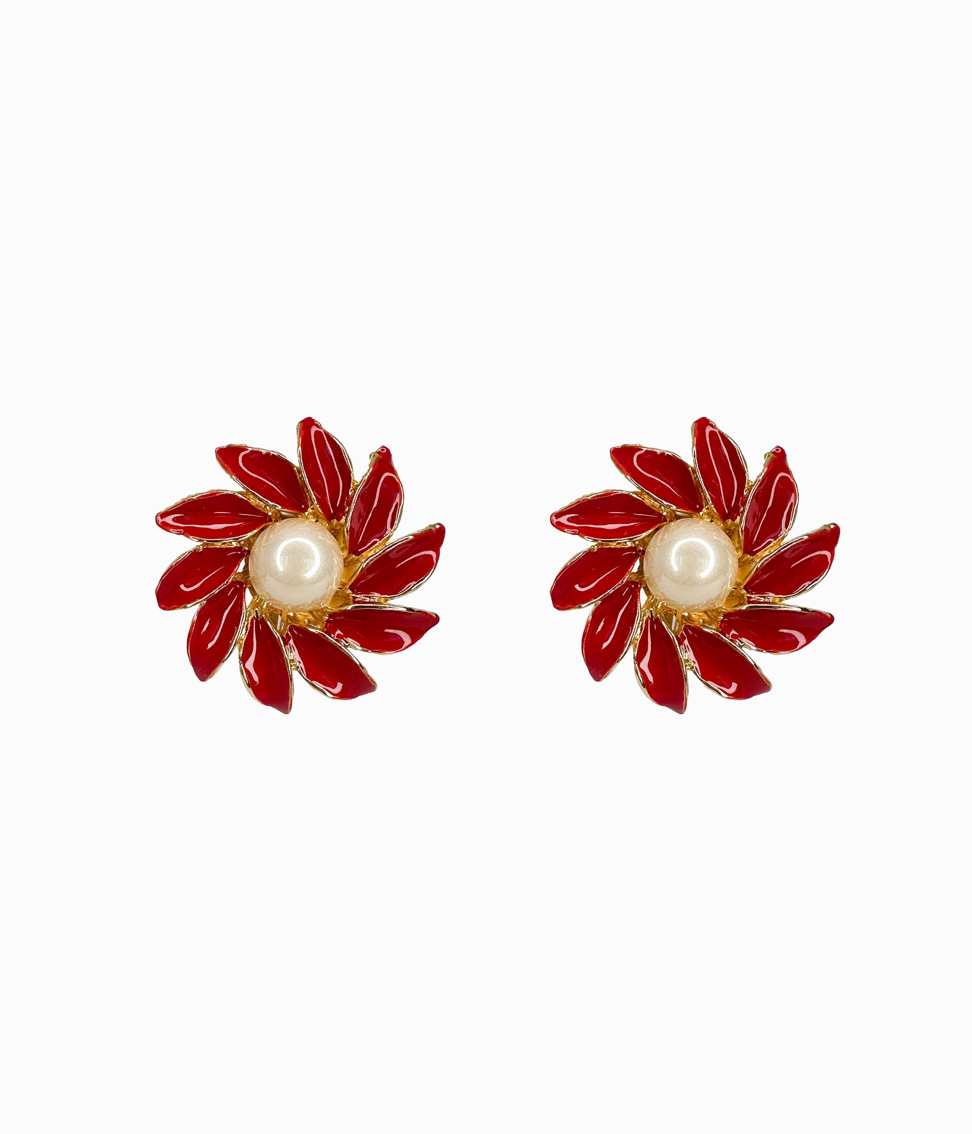 JOANN SHE Vintage 1990's Red Enamel Flower With Faux Pearl Button Earrings (NOS)