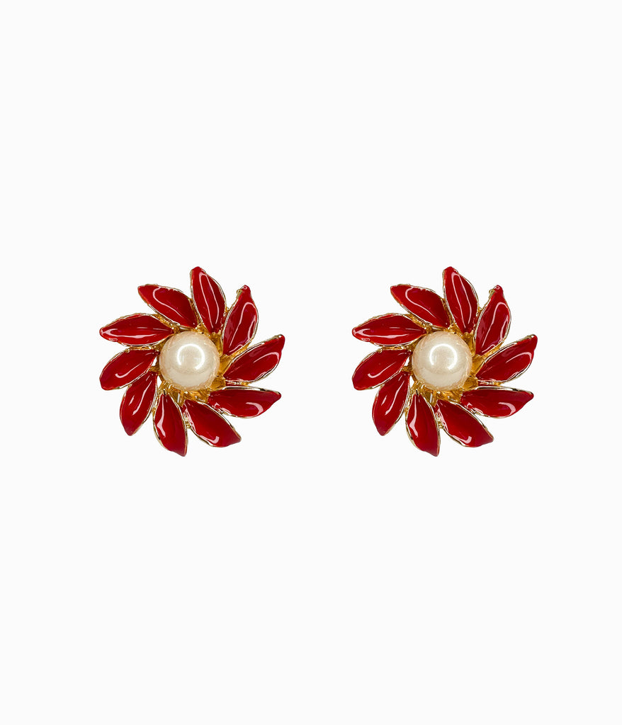 JOANN SHE Vintage 1990's Red Enamel Flower With Faux Pearl Button Earrings (NOS)