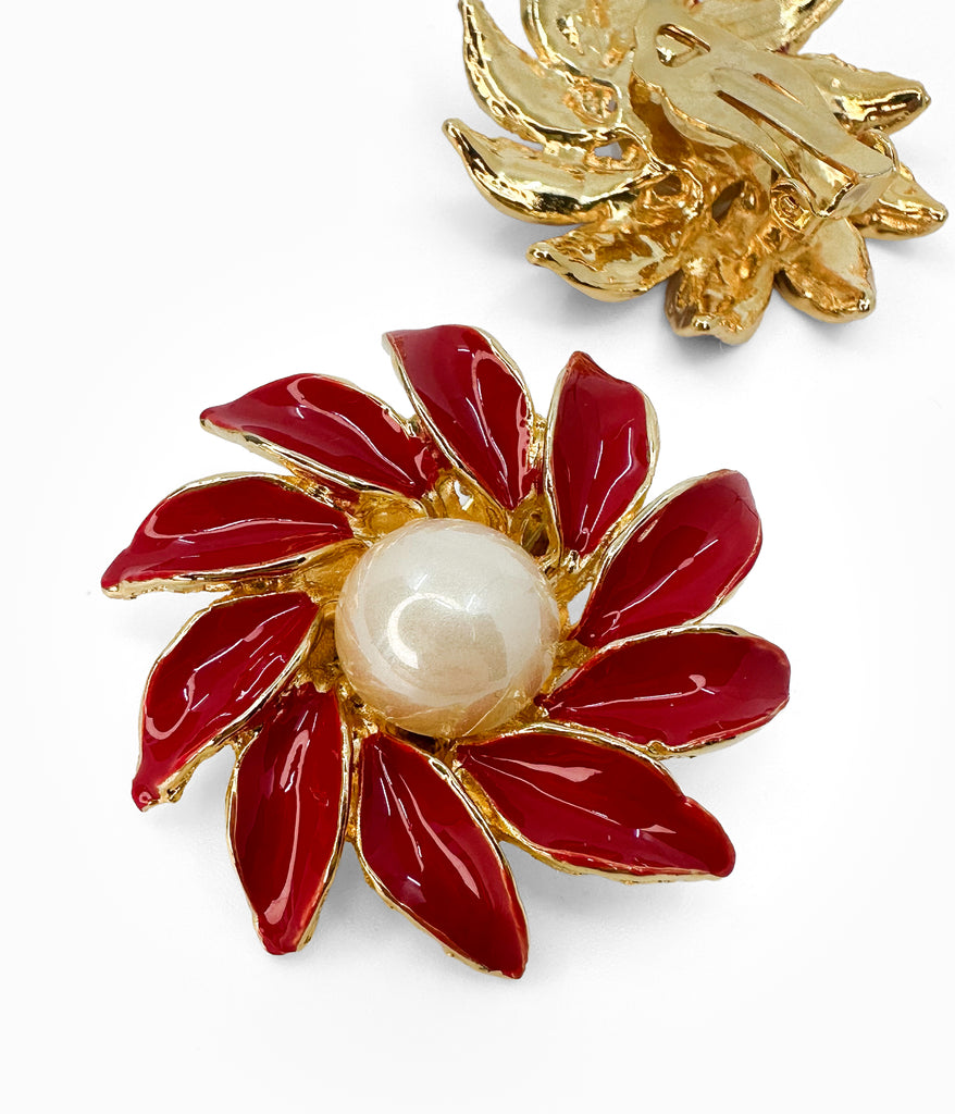 JOANN SHE Vintage 1990's Red Enamel Flower With Faux Pearl Button Earrings (NOS)