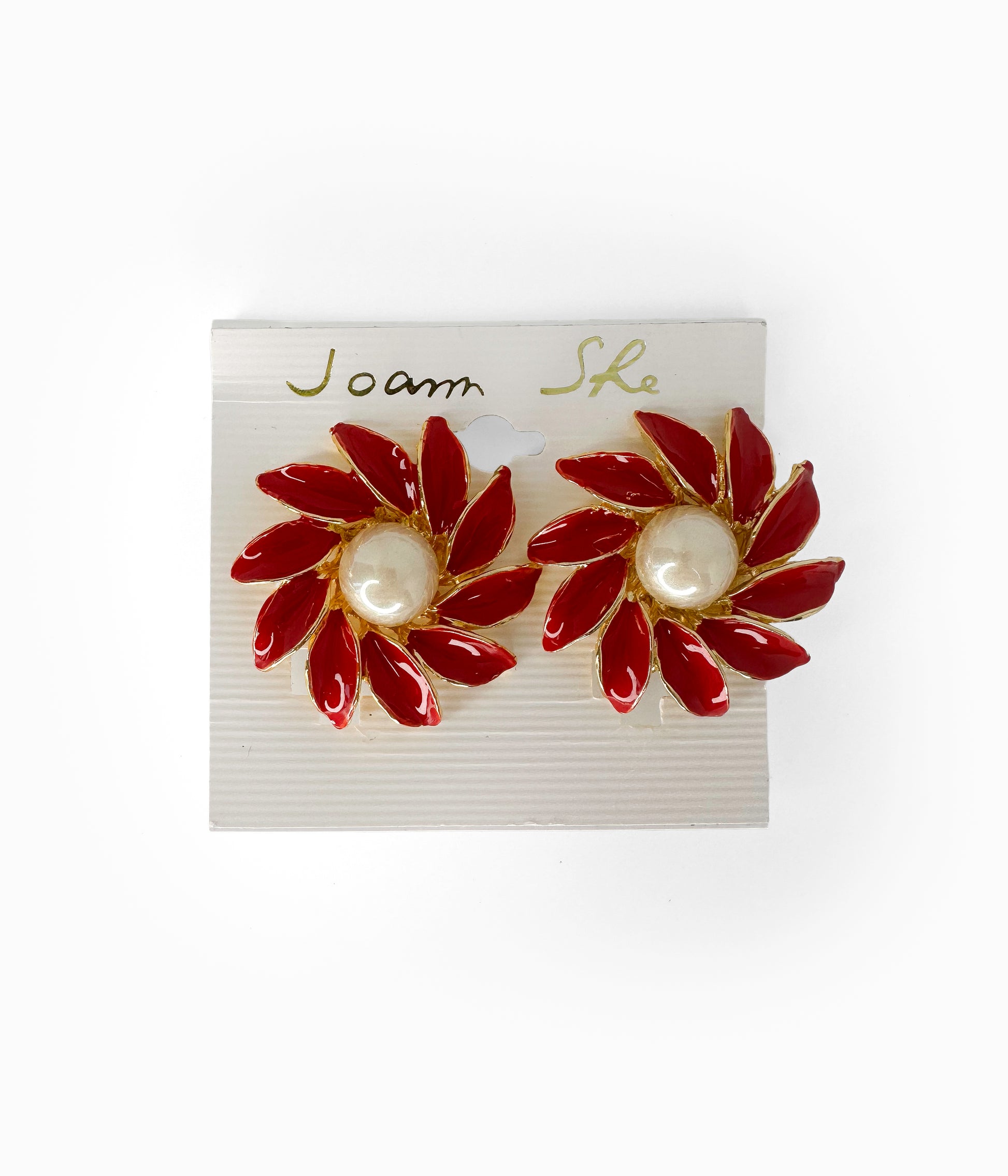 JOANN SHE Vintage 1990's Red Enamel Flower With Faux Pearl Button Earrings (NOS)