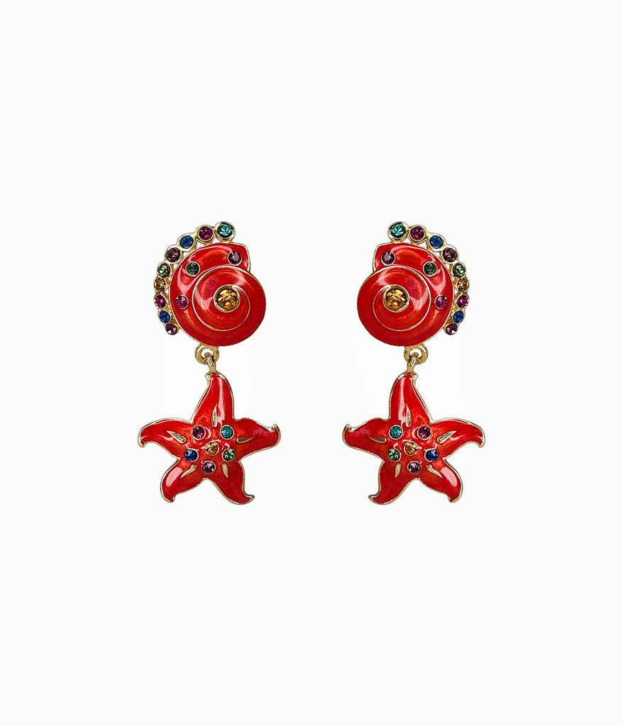 EDGAR BEREBI 1990's Red Seashell & Starfish With Multicolored Rhinestones (NOS)