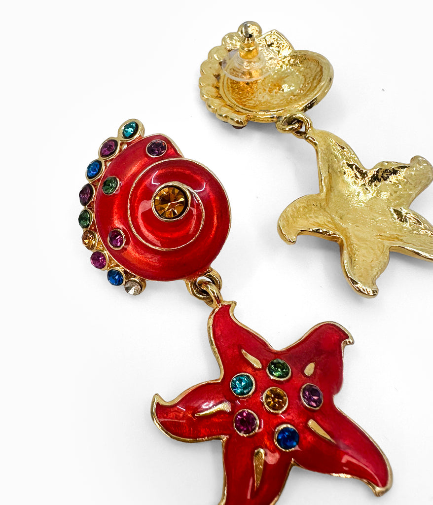 EDGAR BEREBI 1990's Red Seashell & Starfish With Multicolored Rhinestones (NOS)