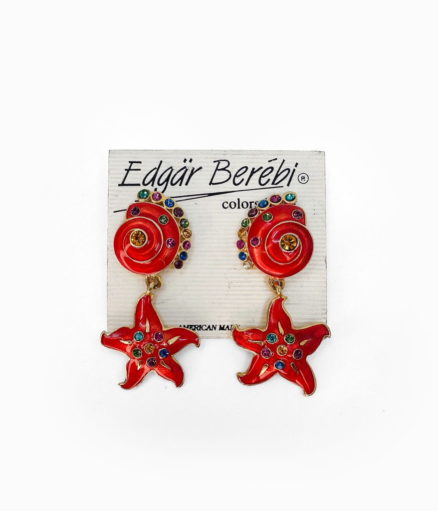 EDGAR BEREBI 1990's Red Seashell & Starfish With Multicolored Rhinestones (NOS)