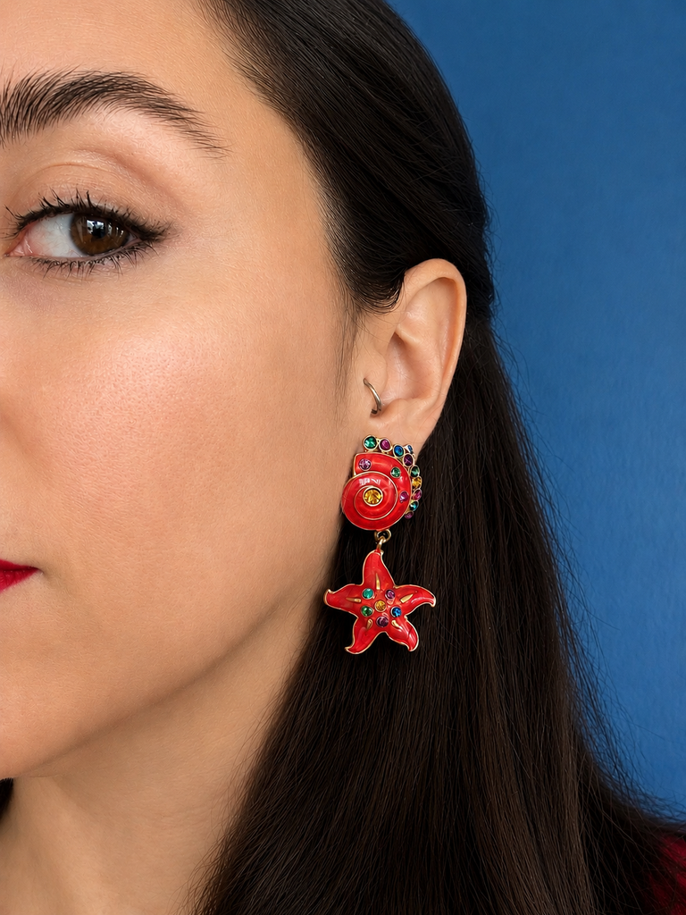 EDGAR BEREBI 1990's Red Seashell & Starfish With Multicolored Rhinestones (NOS)
