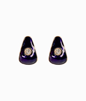 Vintage 1990's Deep Purple Enamel Trapezium Earrings With Big Crystal