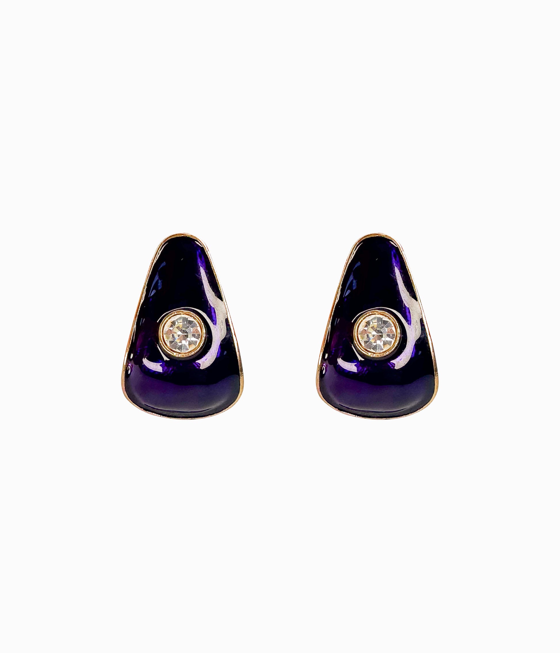 Vintage 1990's Deep Purple Enamel Trapezium Earrings With Big Crystal
