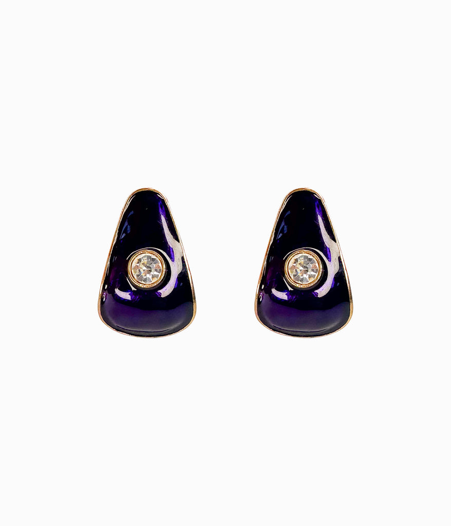 Vintage 1990's Deep Purple Enamel Trapezium Earrings With Big Crystal