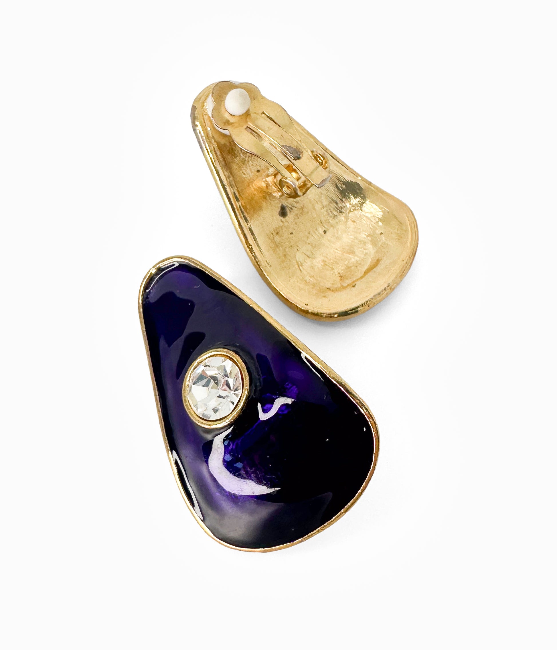 Vintage 1990's Deep Purple Enamel Trapezium Earrings With Big Crystal
