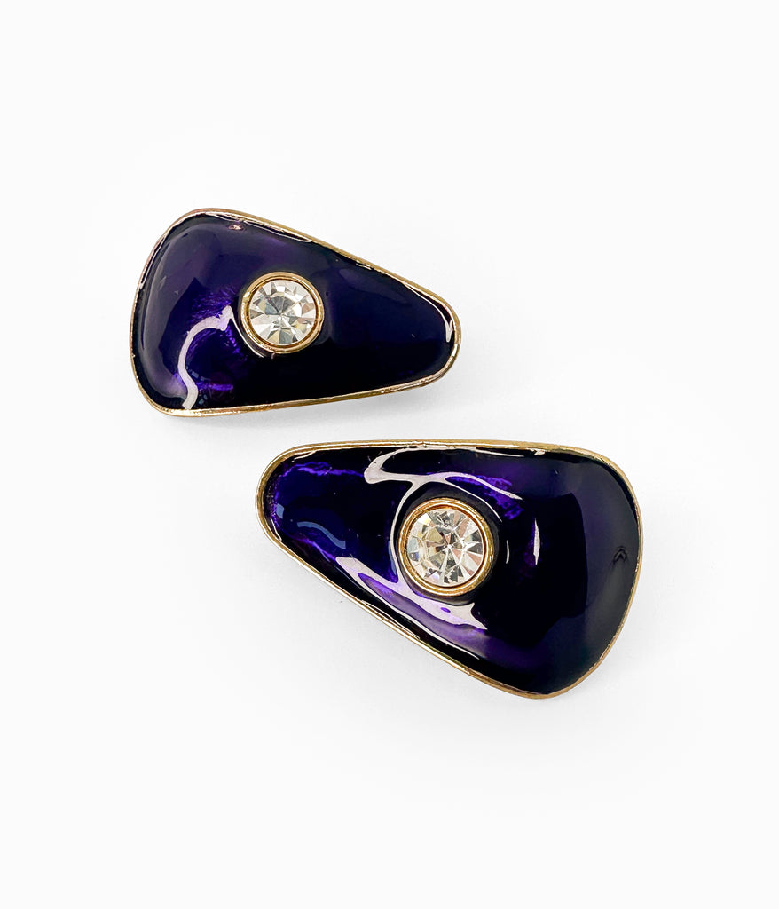 Vintage 1990's Deep Purple Enamel Trapezium Earrings With Big Crystal