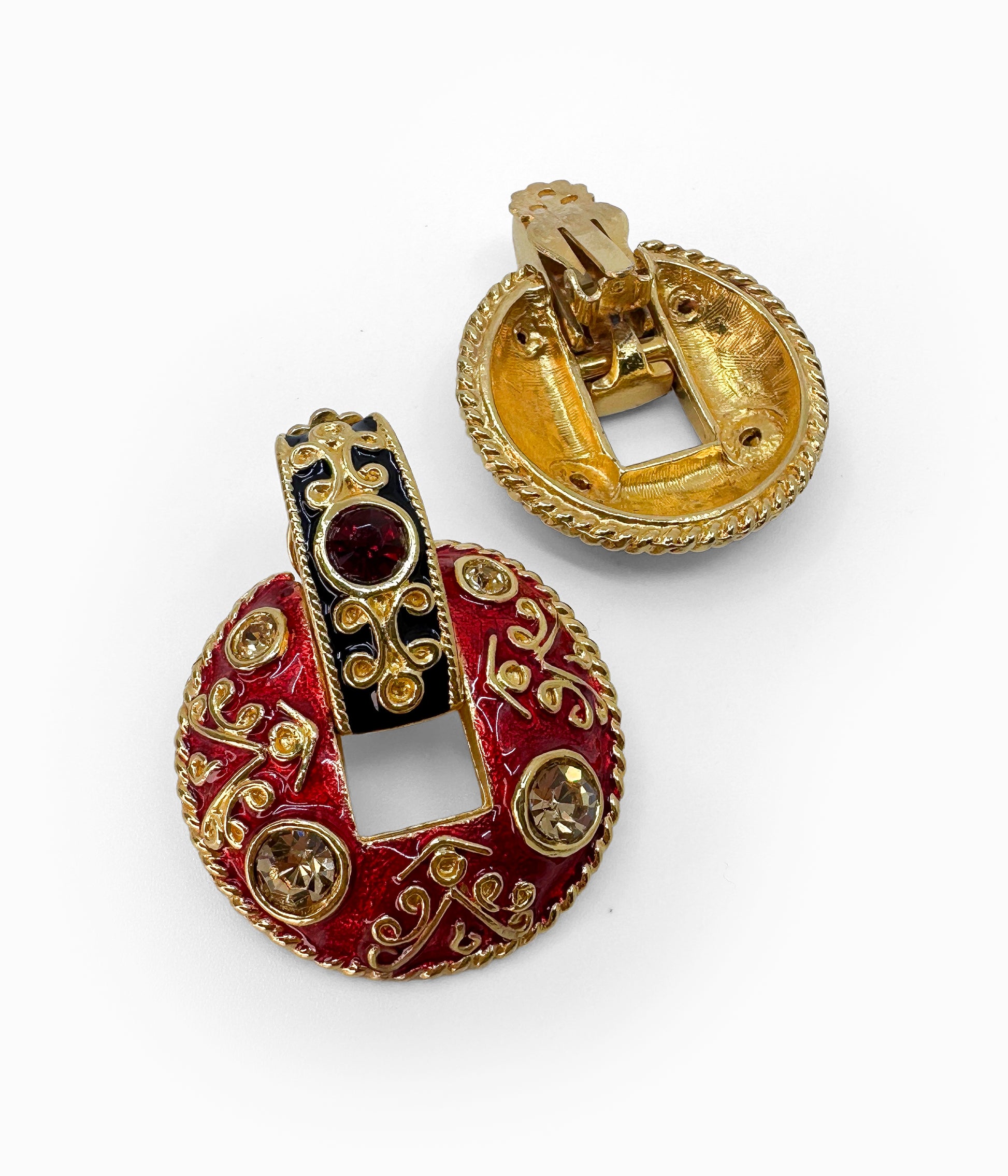 Vintage 1990's Black & Red Moghul Doorknocker Earrings With Rhinestones