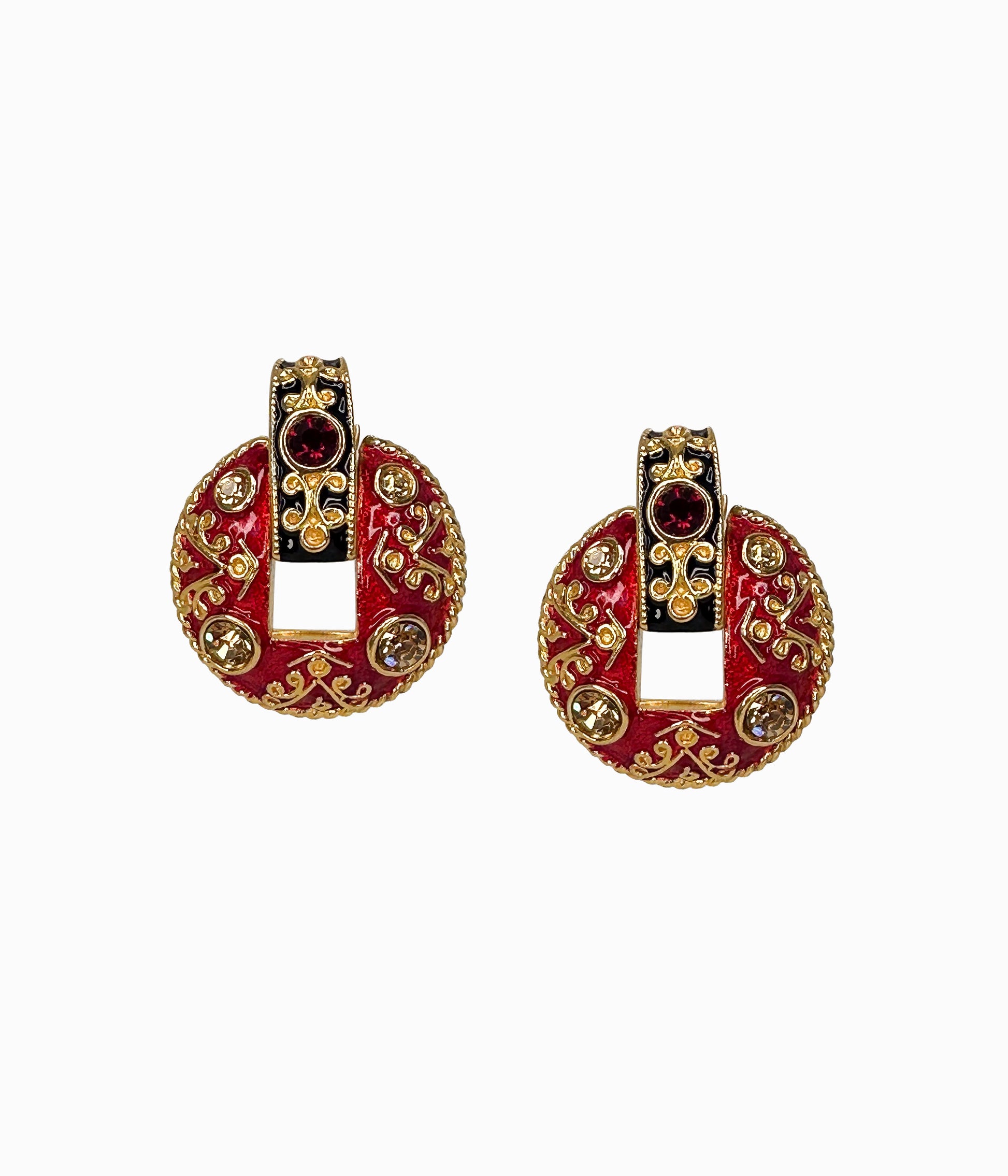 Vintage 1990's Black & Red Moghul Doorknocker Earrings With Rhinestones