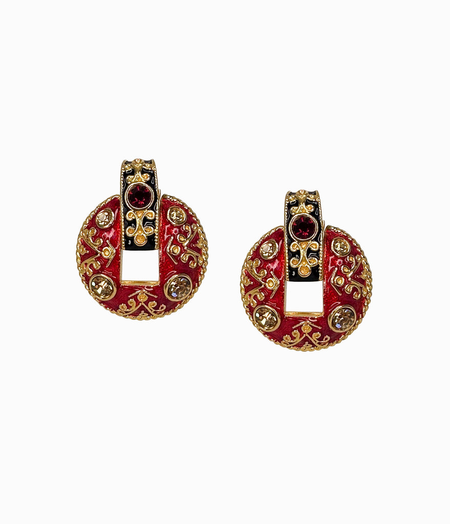 Vintage 1990's Black & Red Moghul Doorknocker Earrings With Rhinestones