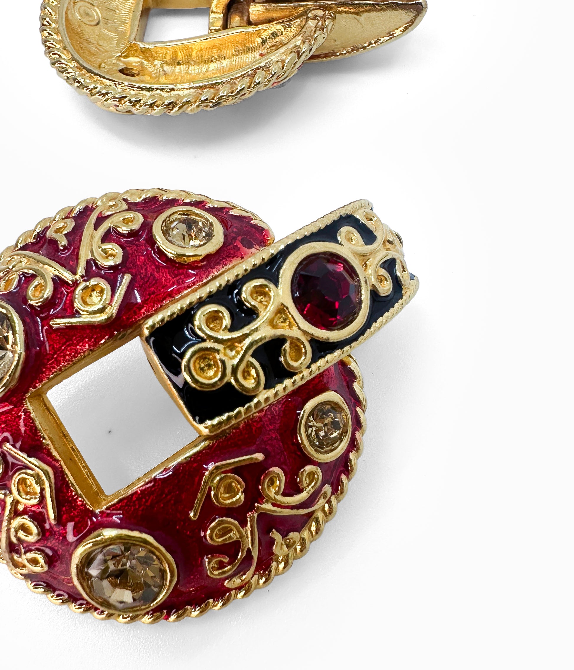 Vintage 1990's Black & Red Moghul Doorknocker Earrings With Rhinestones